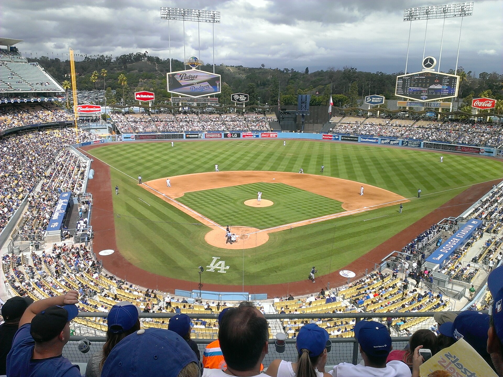 A packed Dodger Stadium seen from the upper deck